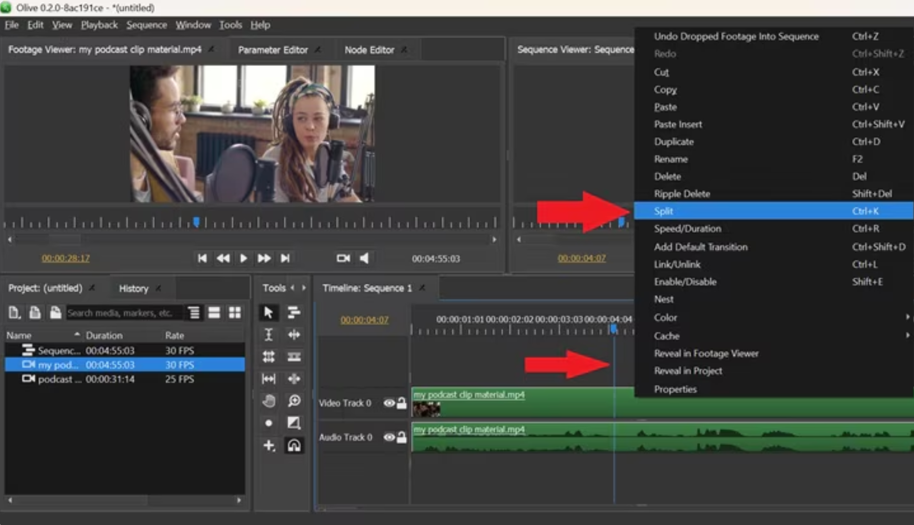 Bearbeiten eines Videos mit dem Olive-Video-Editor