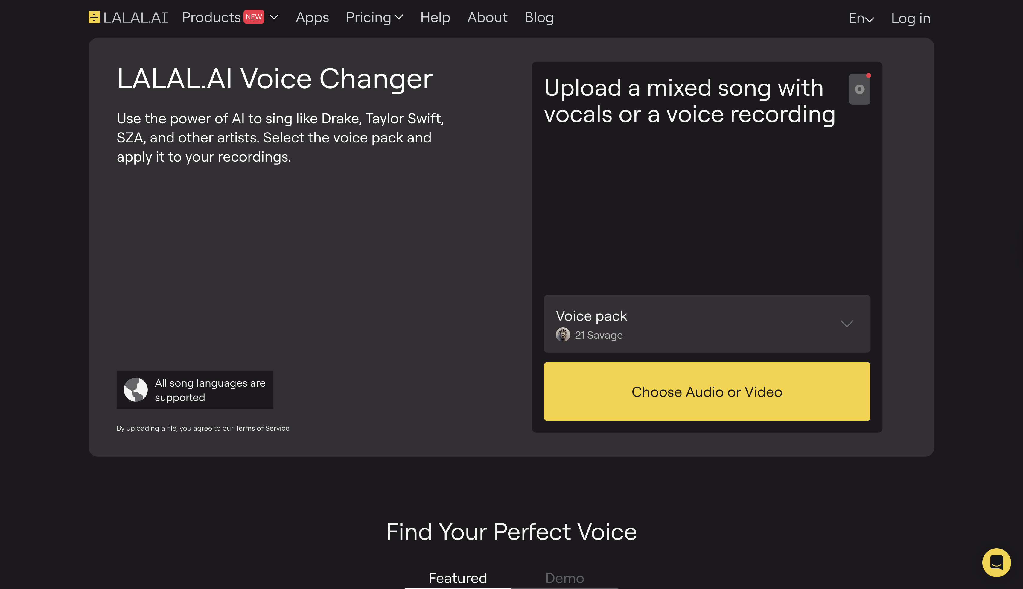 Rozhraní LALAL.AI Voice Changer