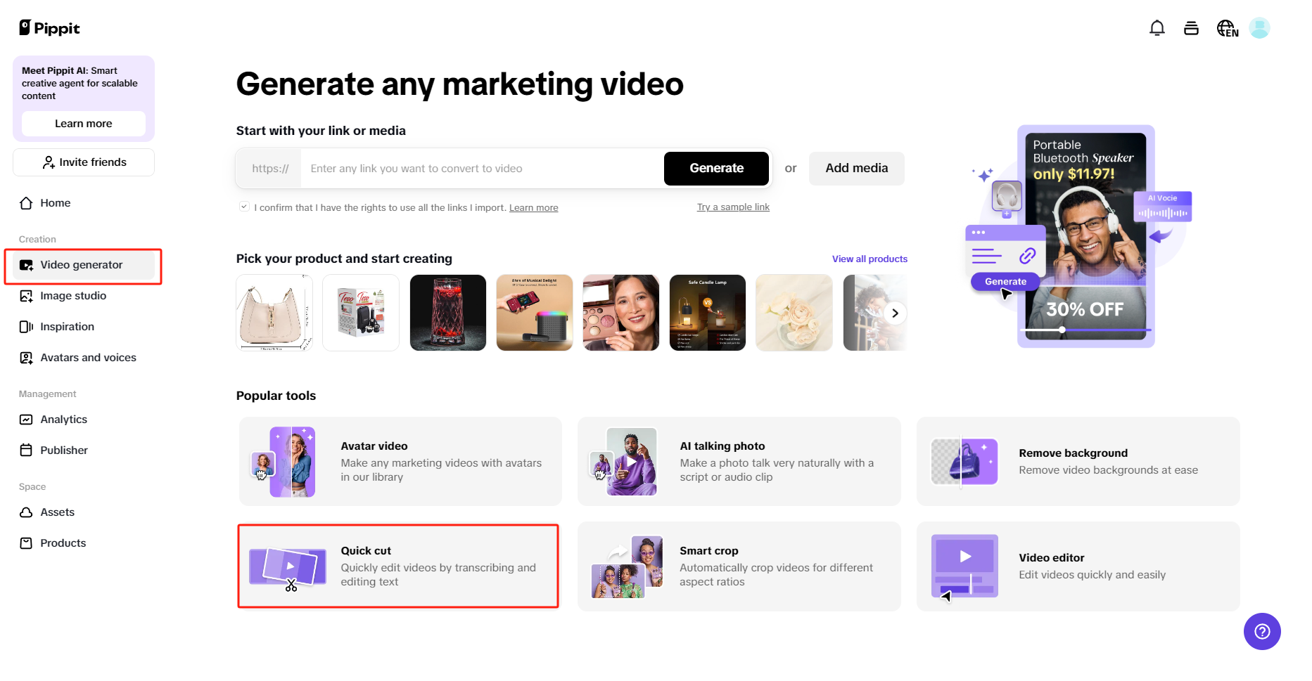 how to get transcript of youtube video using Pippit quick cut