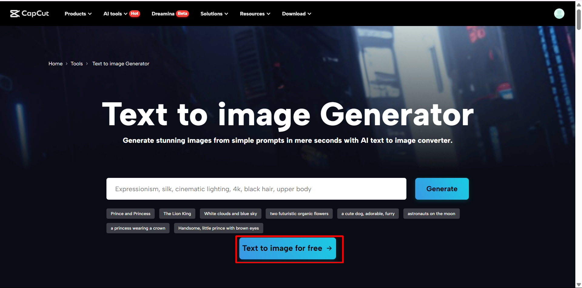 Opening CapCut Web's AI image generator