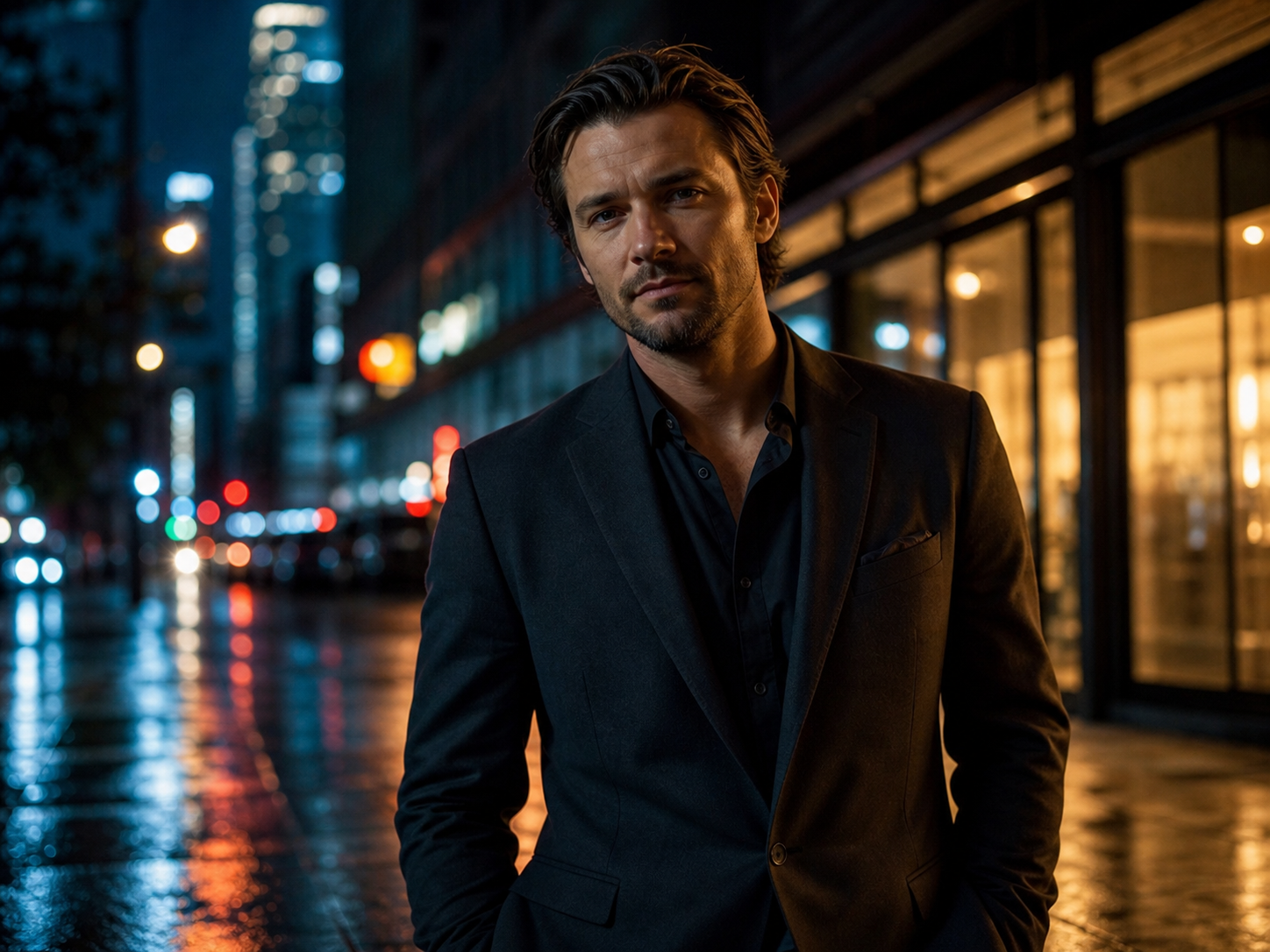 Adult man in a cinematic neon city portrait at night