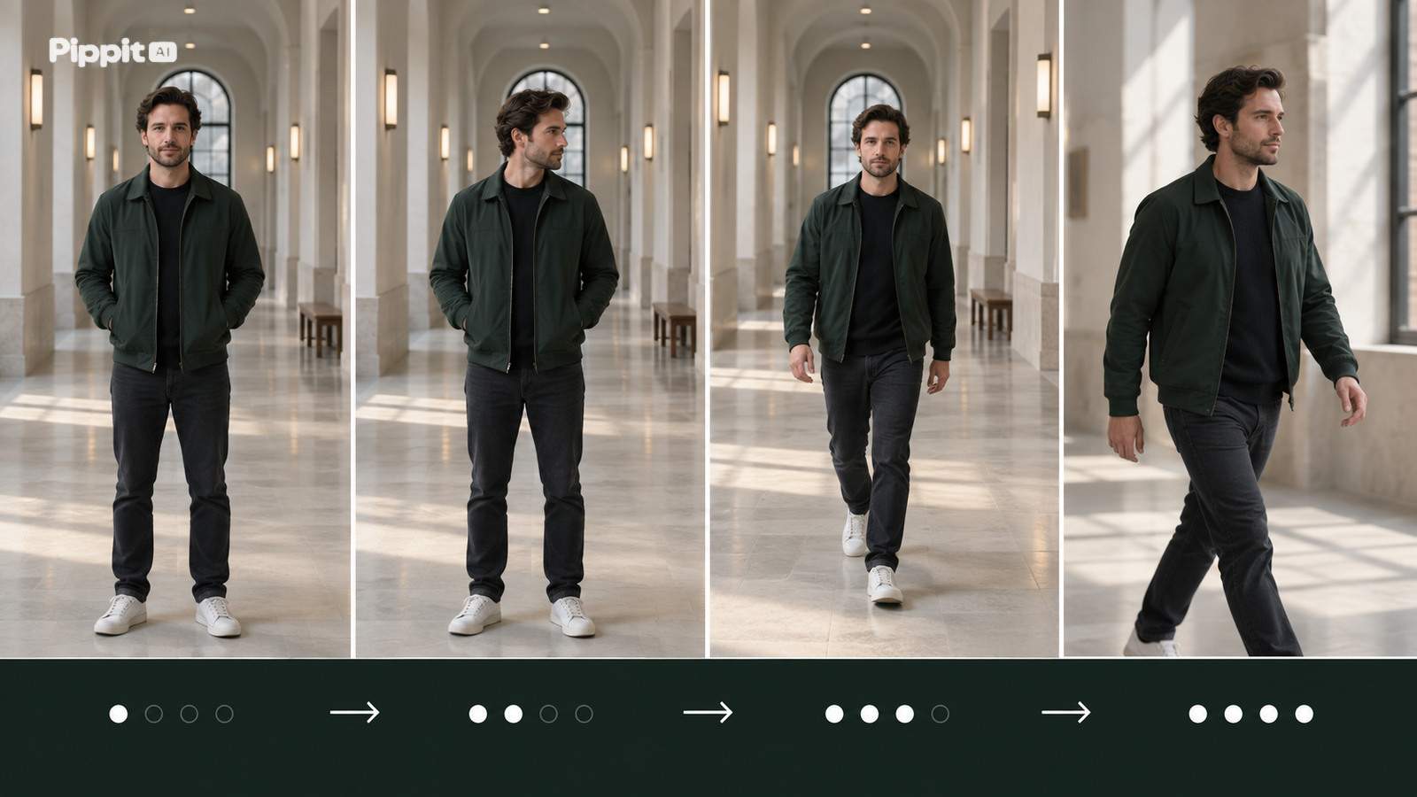 Four widescreen frames show an adult field researcher progressing from a locked pose to a stable tracking shot.