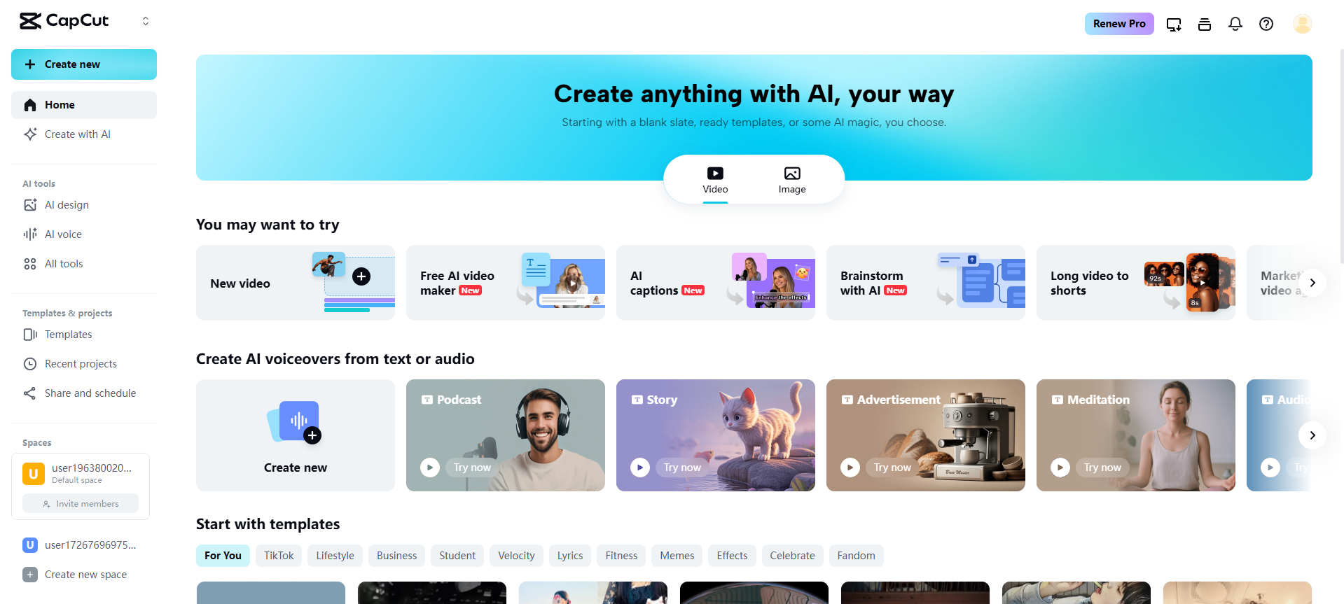 الصفحة الرئيسية لـCapCut Web