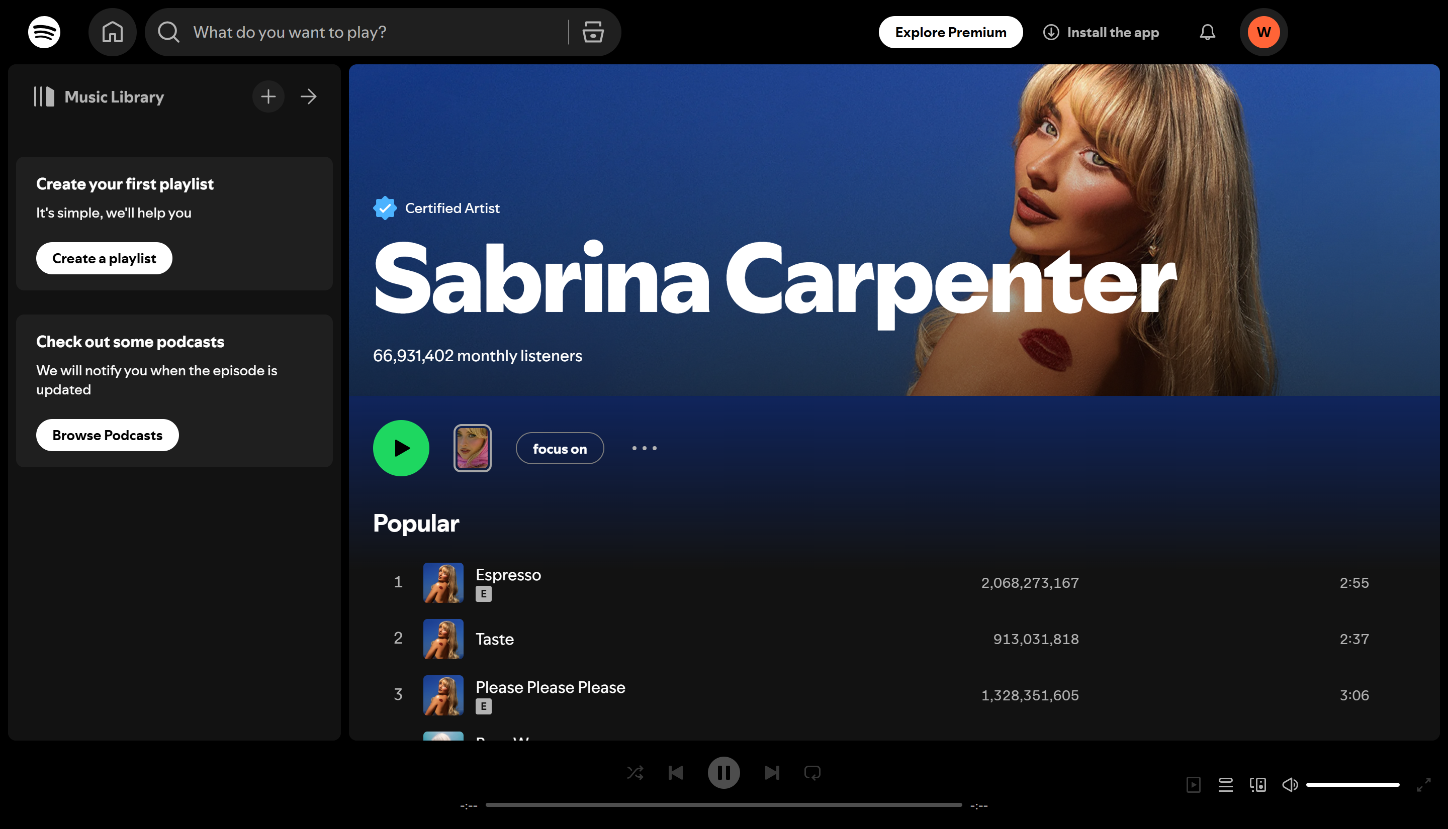 Sabrina Carpenter - the most streamed female artist on Spotify