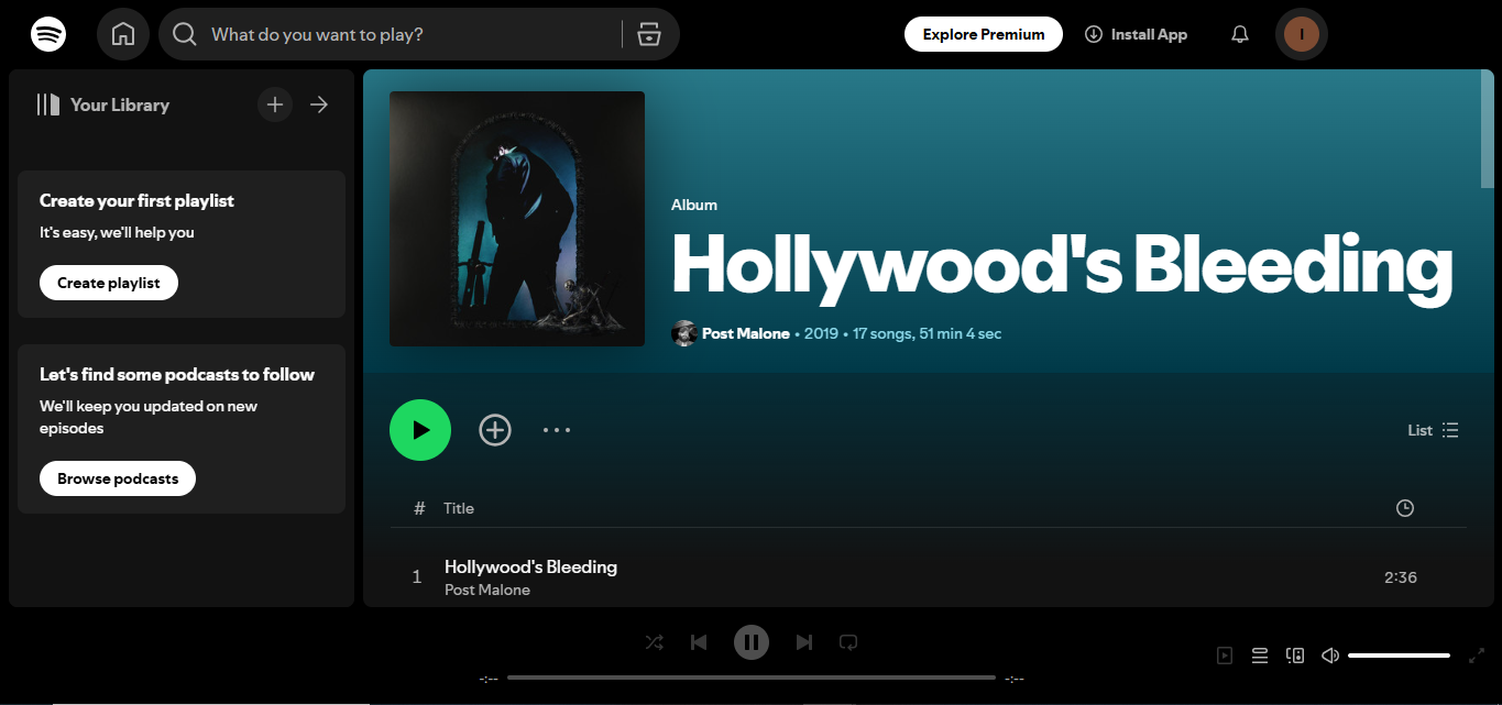 Hollywood's Bleeding by Post Malone - among the most streamed albums on Spotify