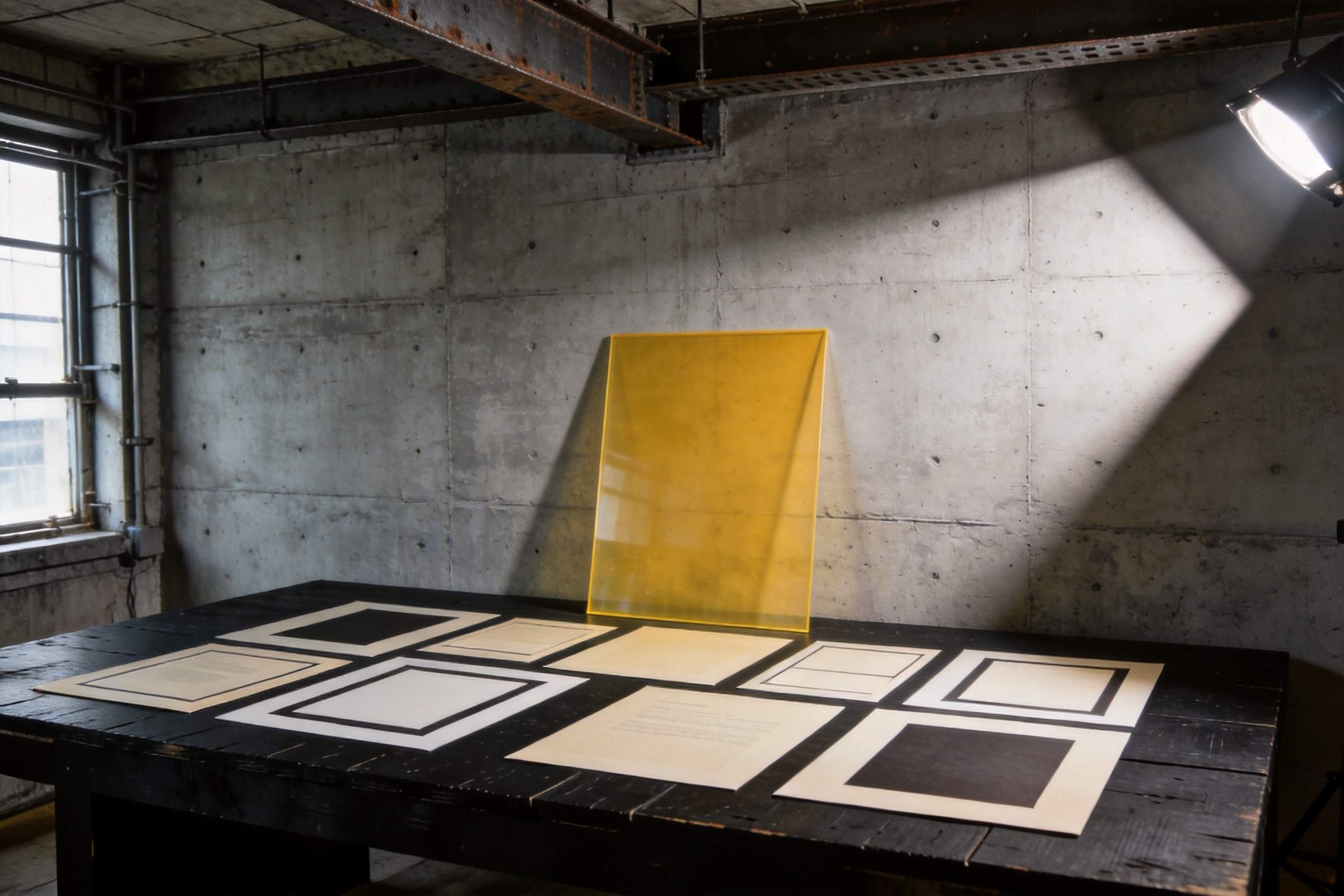 Concrete room with a black table displaying minimalist black-and-white layouts and a yellow translucent panel