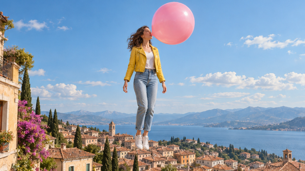 Premium photorealistic cinematic 16:9 STILL keyframe featuring an original adult woman in a yellow jacket and blue jeans floating upright with relaxed empty hands, a giant glossy pink bubblegum bubble connected directly to her lips, in a sunny pastel town with distant terracotta rooftops and blue sky. Keep whole body and the complete bubble, with no string or balloon knot fully inside the composition. Detailed materials, coherent anatomy, balanced cinematic lighting, clean background separation. One coherent scene, no text, logos, watermark.