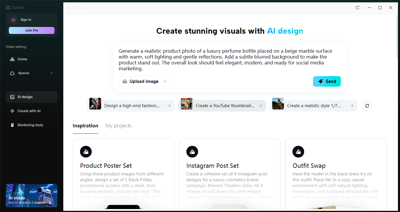 CapCut desktop video editor showing AI design tools for product photo creation