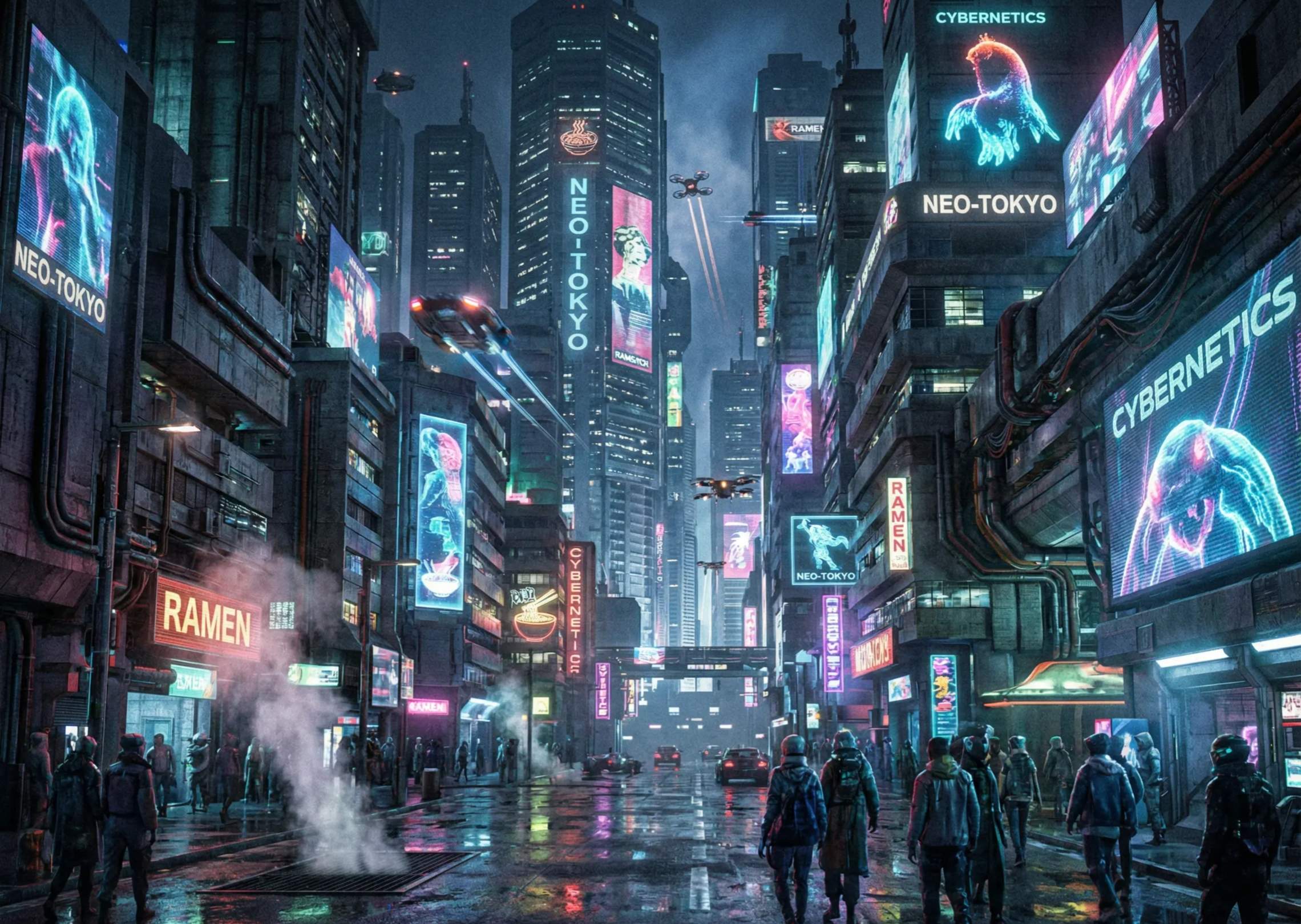 Isang futuristic na cityscape sa gabi na may mga skyscraper