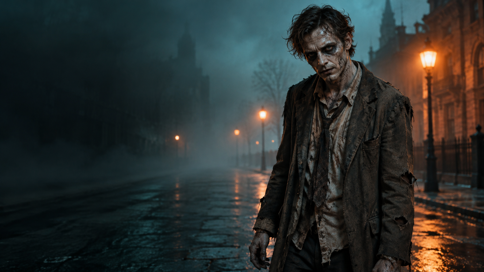 Apocalyptic Street Look: A fictional adult man wearing non-gory zombie makeup and worn clothing on a foggy empty city street, realistic eyes and hands, teal-orange cinematic color.