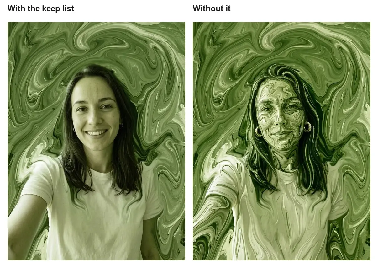 Side-by-side green fluid art portraits labeled With the keep list and Without it