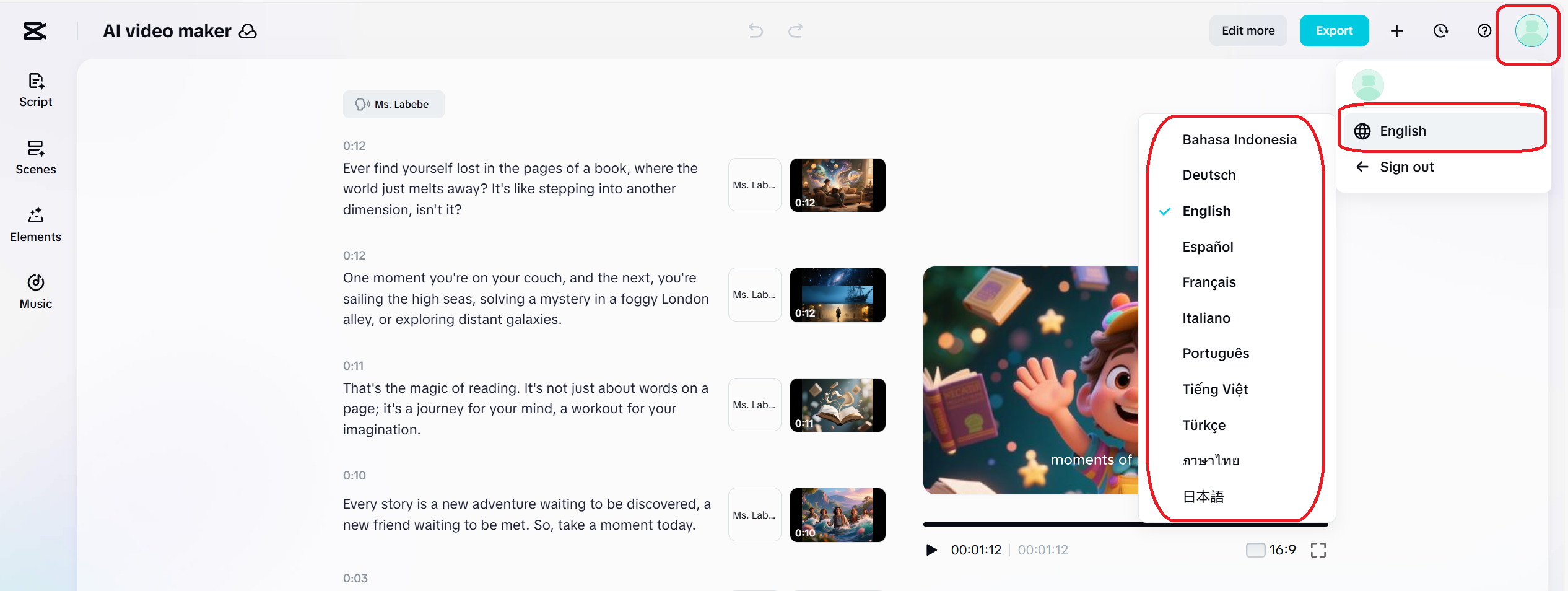 choose language on CapCut AI video generator