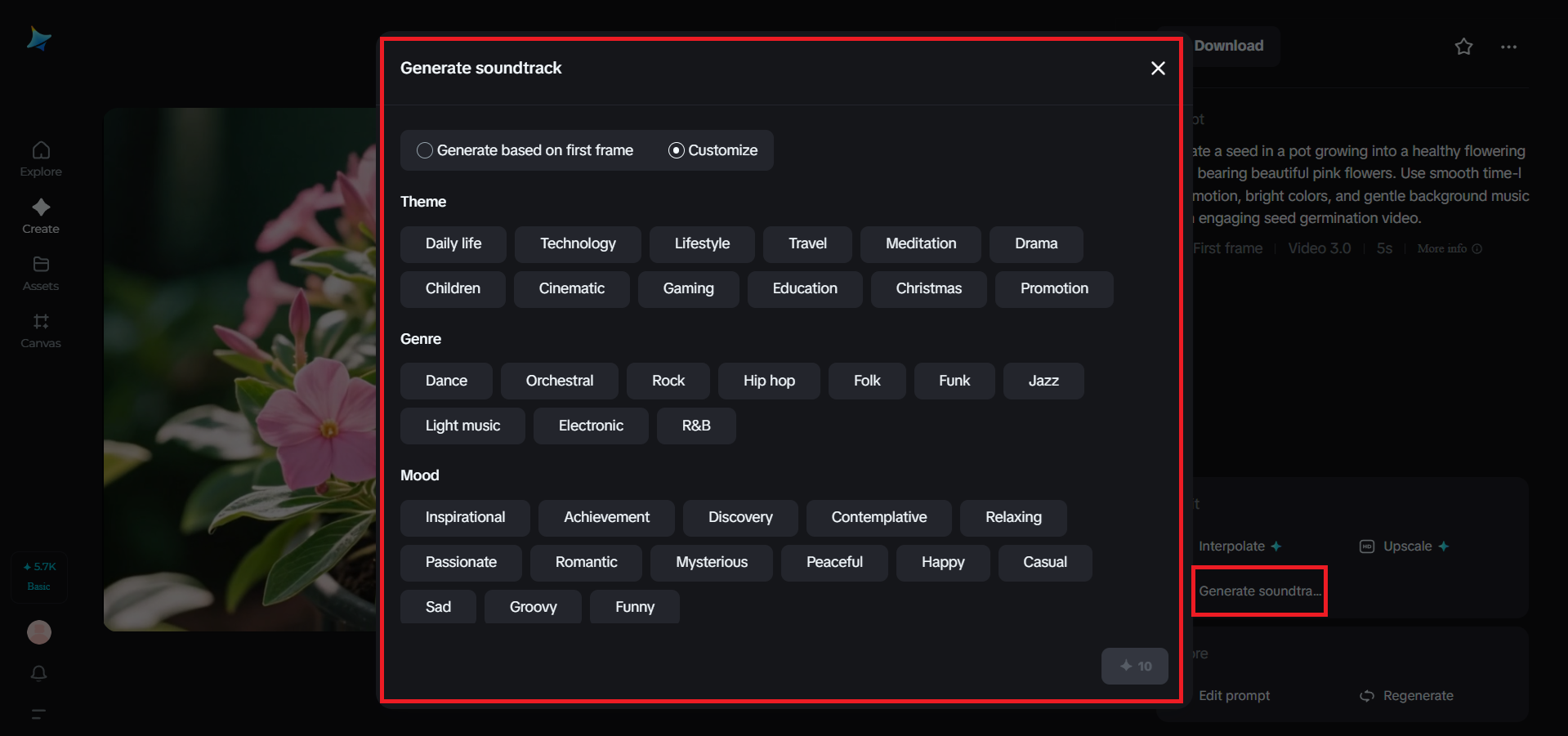 Generate soundtrack feature in Dreamina