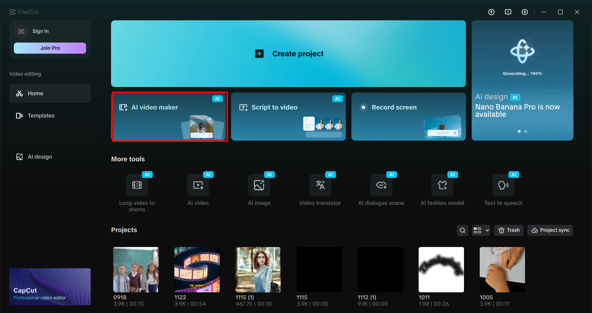 Accessing the AI video maker from the CapCut desktop video editor