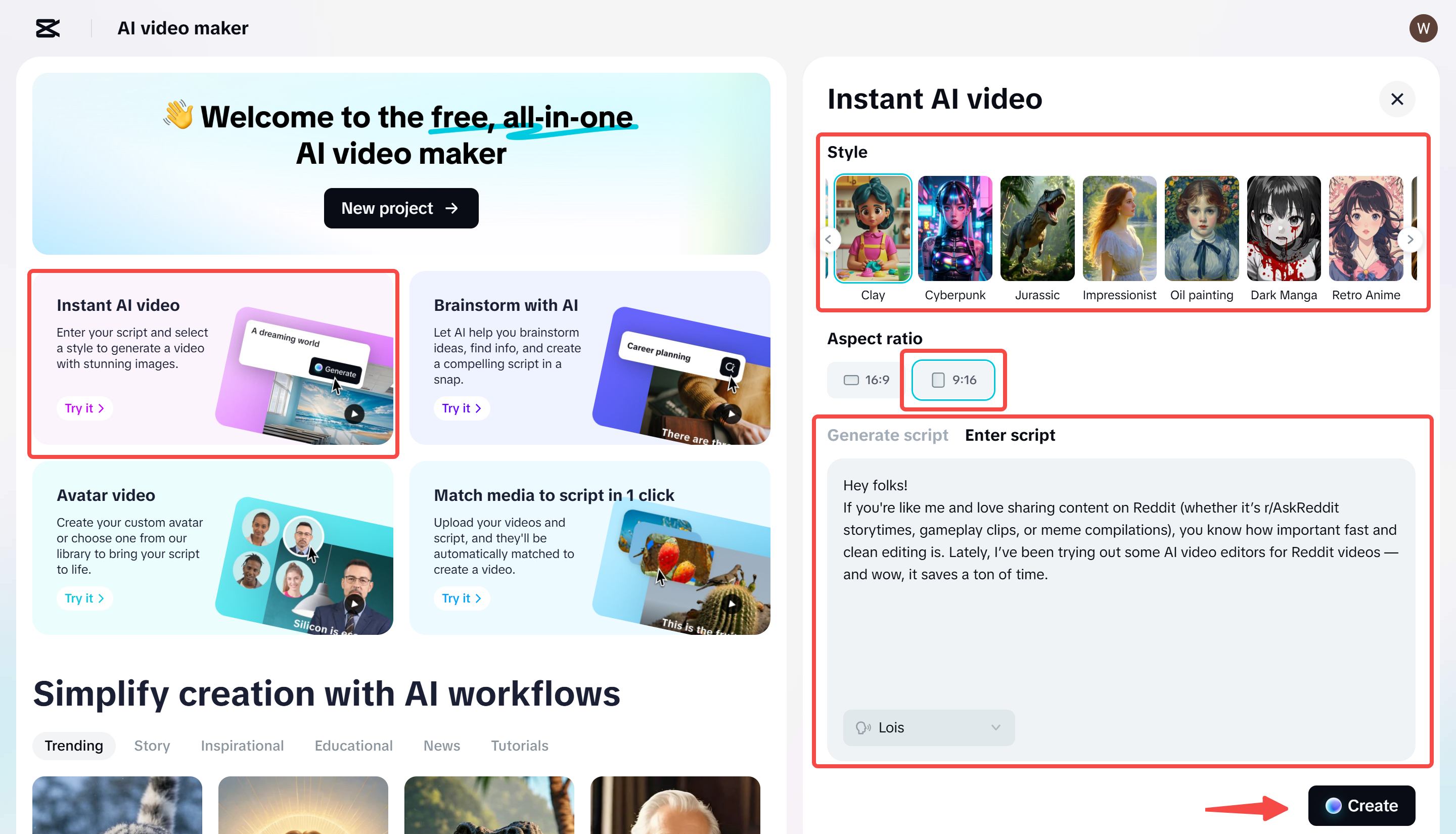 Generating your script and video in CapCut's AI video maker tool