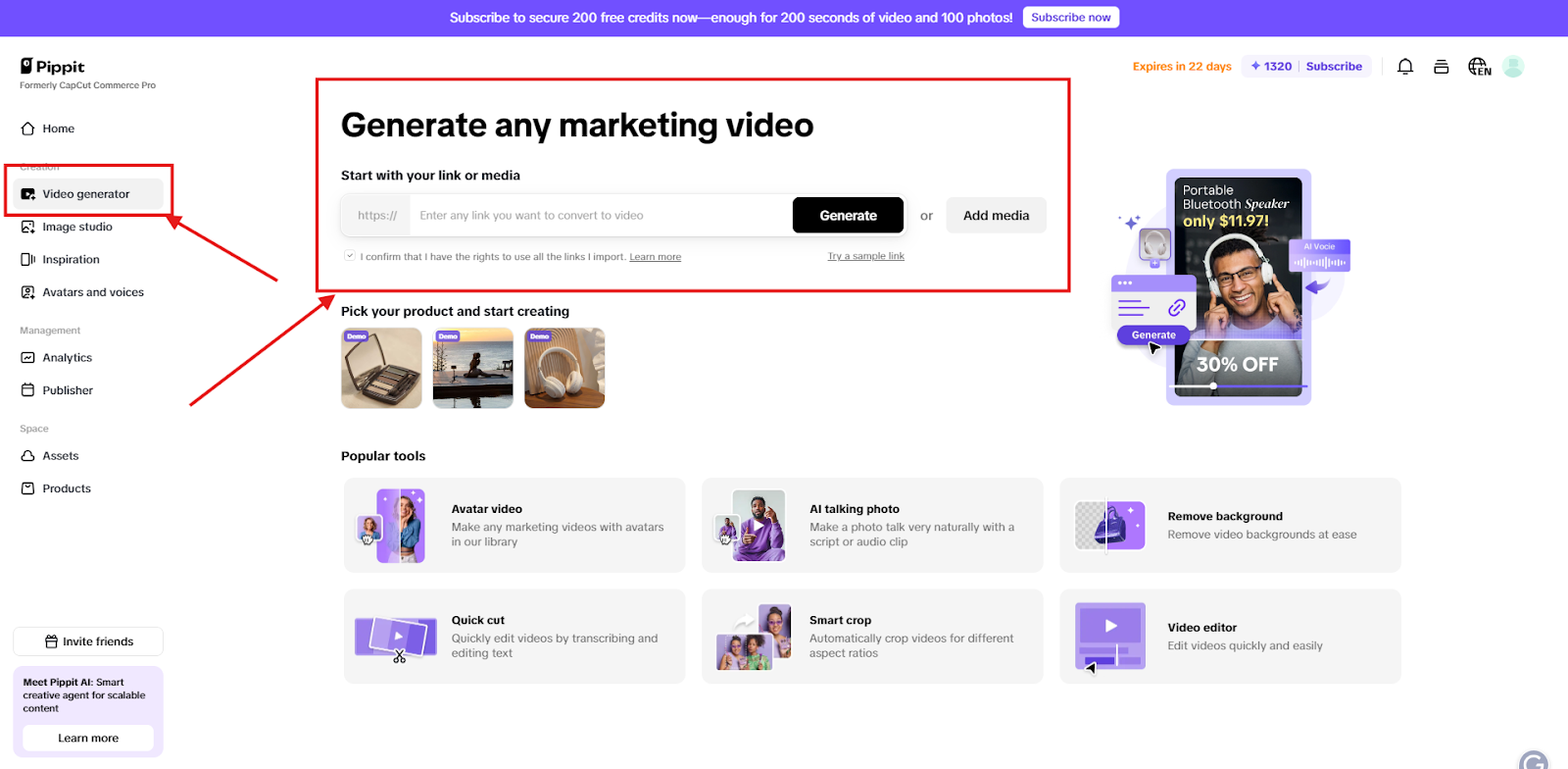 Screenshot showing how to auto-generate content from product link/media