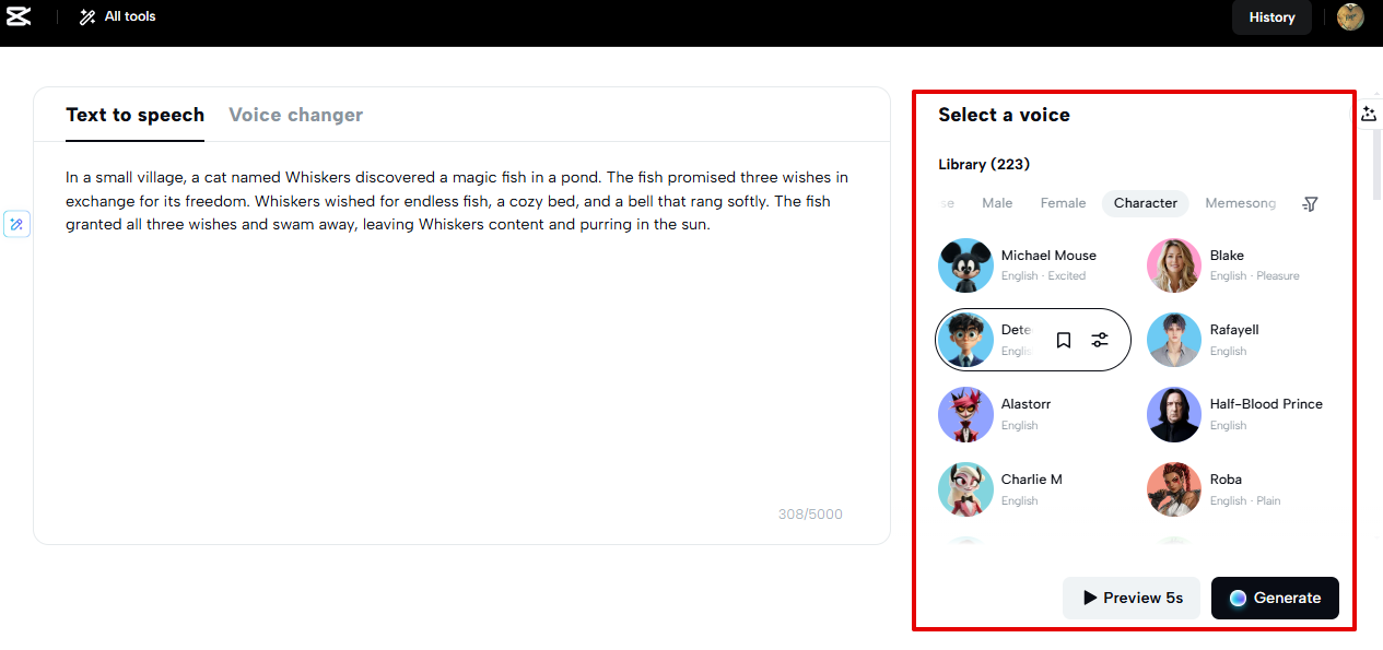 generating character voice in CapCut Web