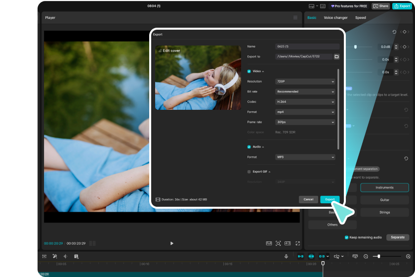 Export finálního projektu z instrumentálního odstraňovače CapCut