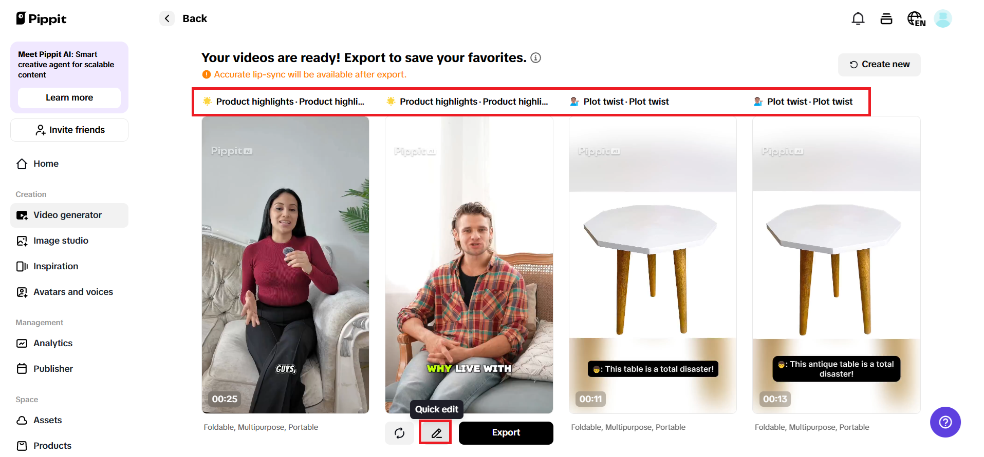 Preview generated videos and choose Quick edit