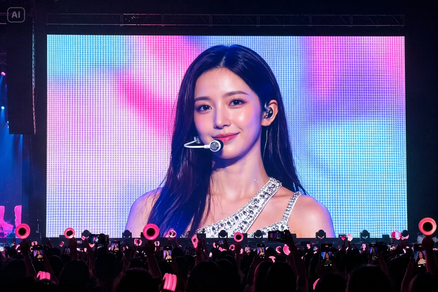 AI K-pop 콘서트 점보트론이 모바일 배경 이미지를 안내합니다.