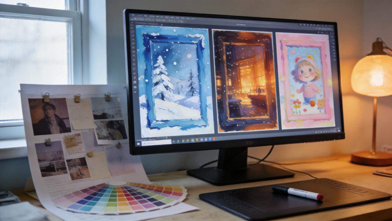 Computer monitor shows three framed digital artworks on a desk with a drawing tablet and color swatches