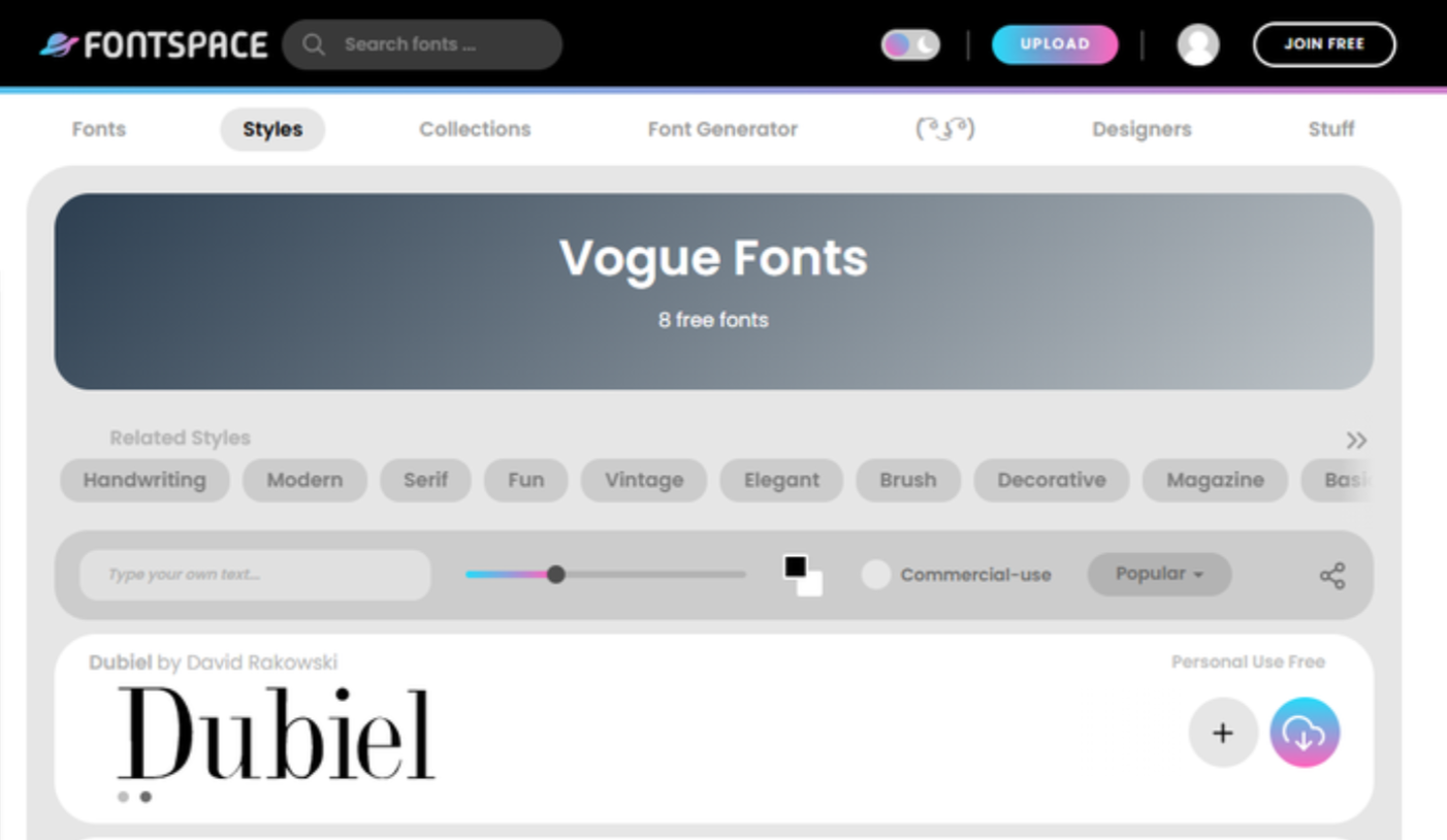 Interface of FontsSpace - a valuable resource for Vogue fonts