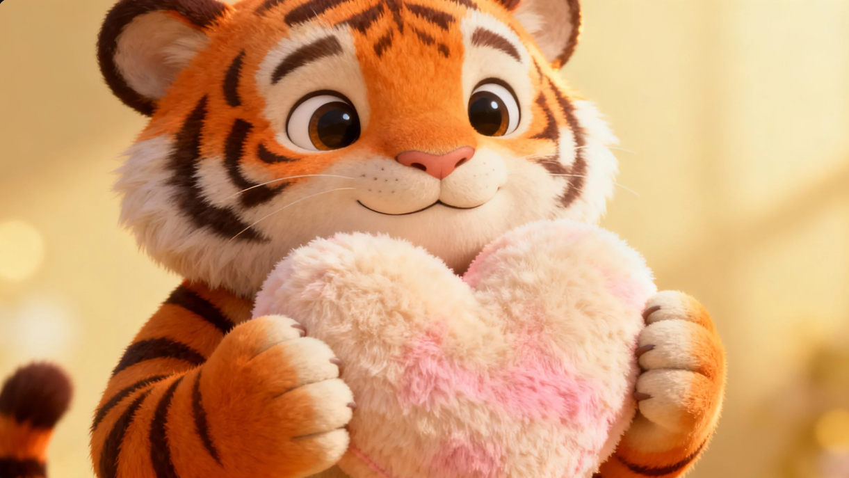 Tiger holding a fluffy heart