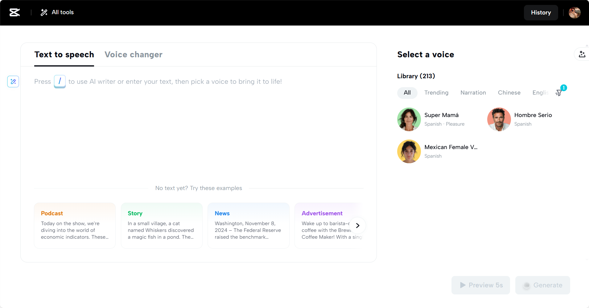 CapCut Web의 스페인어 텍스트 음성 변환 생성기