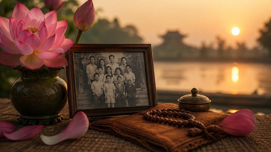 Vu Lan Photo Collage — soft dawn composition with a lotus and family keepsake