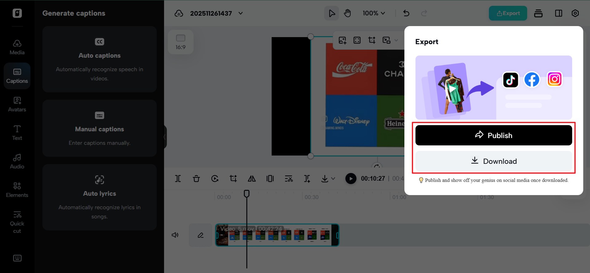 Download or publish the video