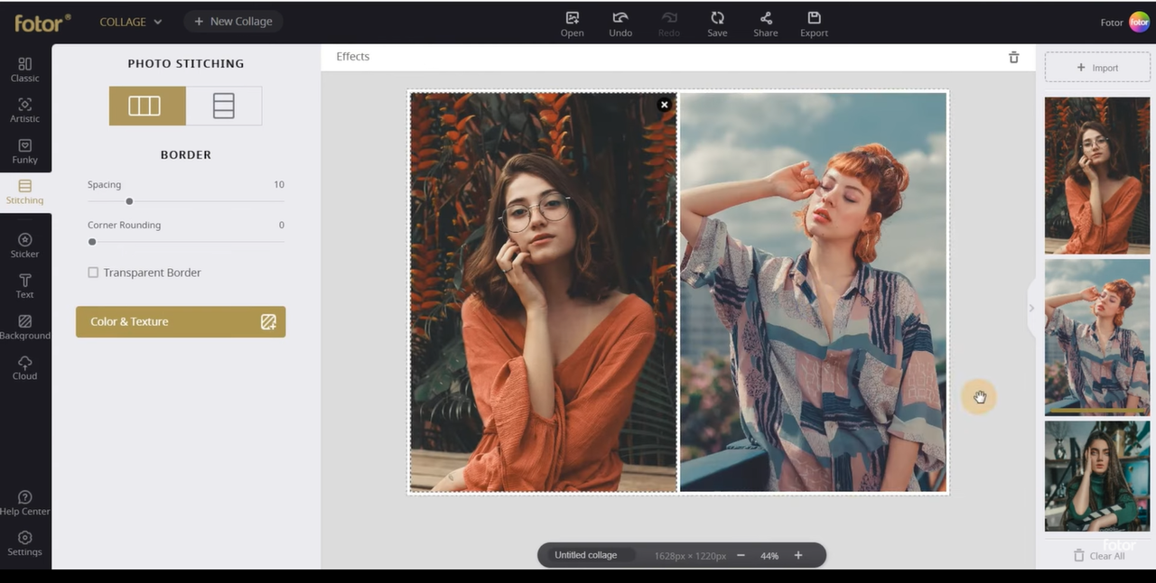 Interface of Fotor  - online tool to stitch pictures together
