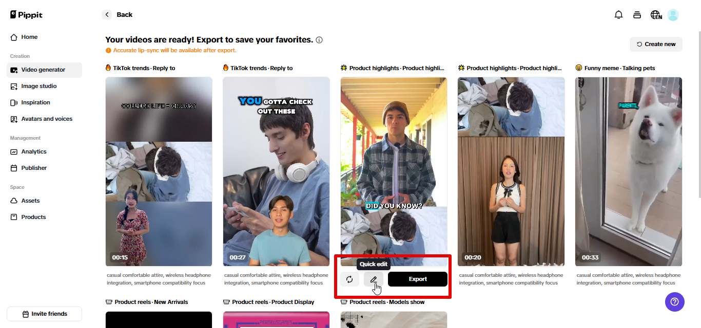 Ine-export ang video mula sa Pippit