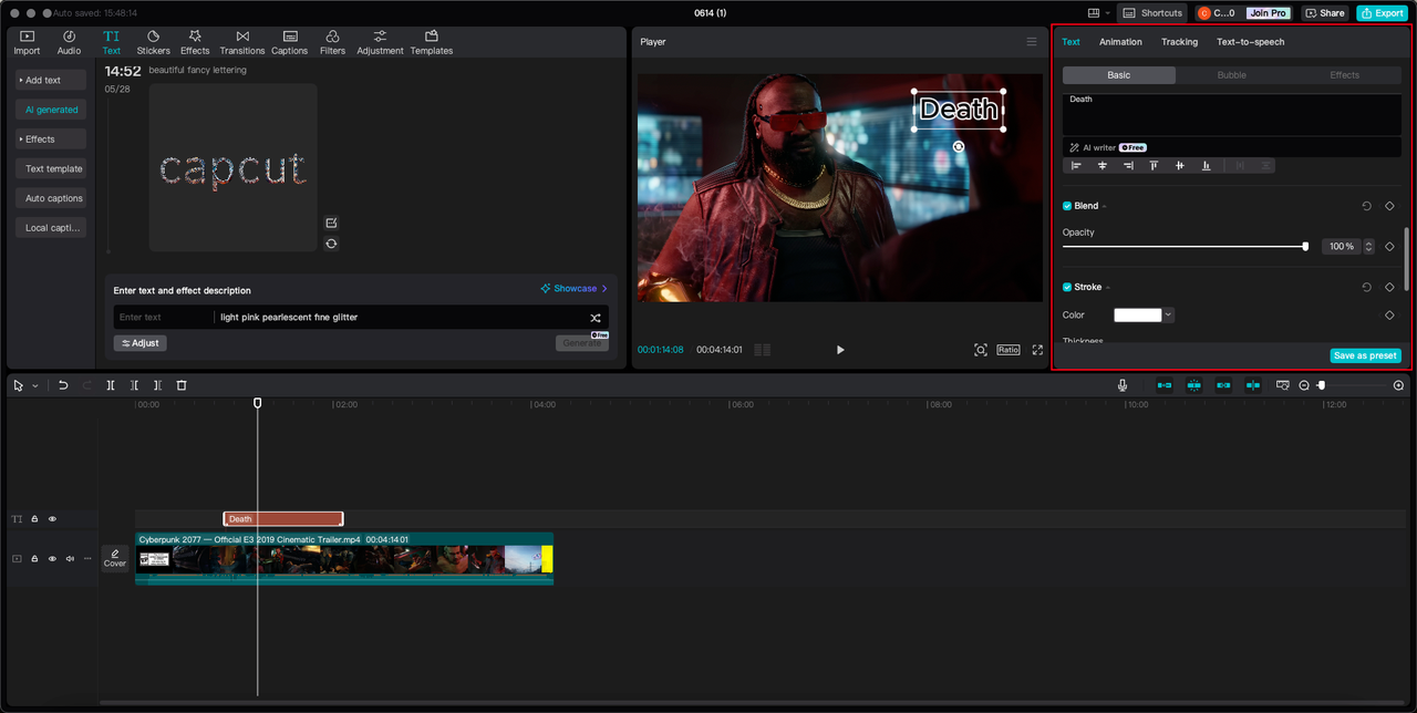 CapCut video template and stylish text options showcase