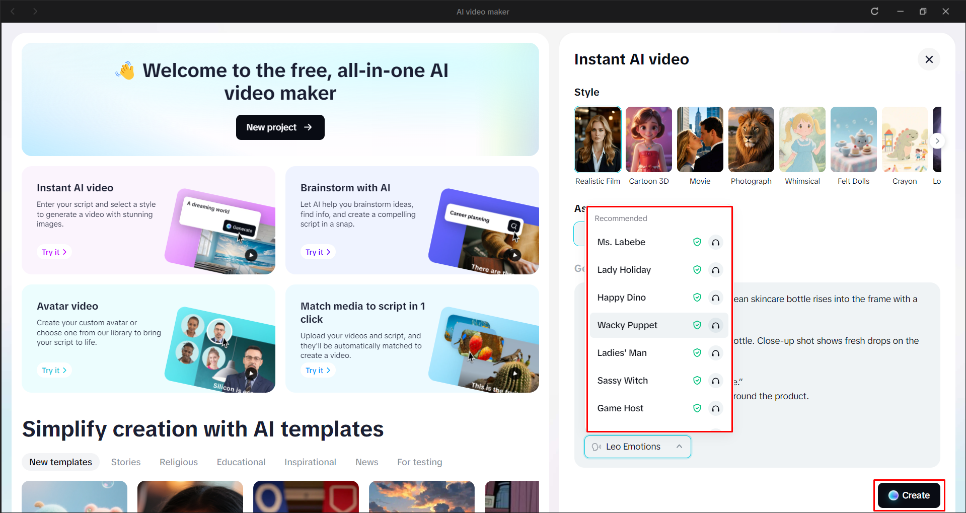 Writing a prompt and selecting a voiceover voice in the CapCut desktop video editor
