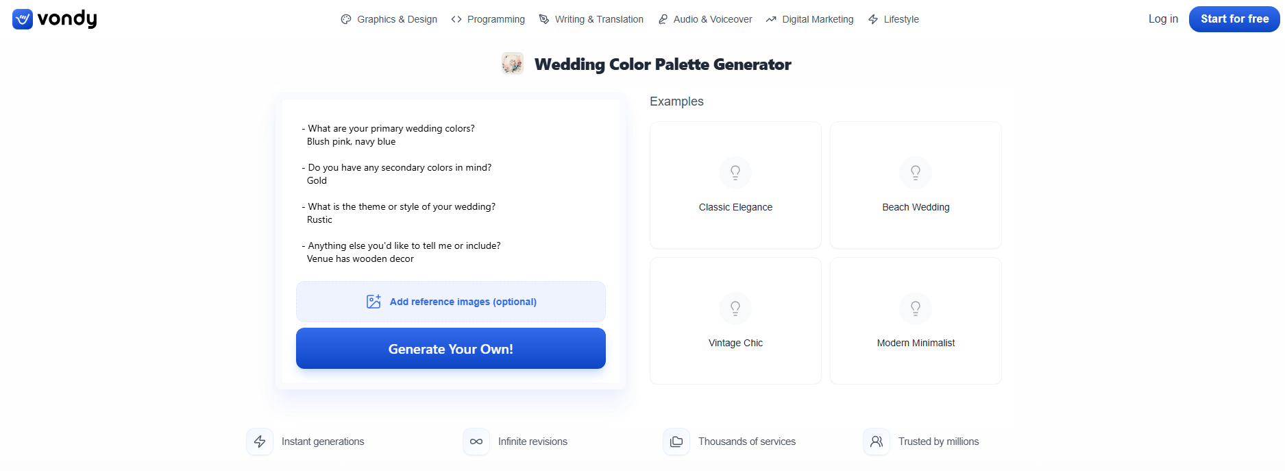 Vondy's wedding color palette maker