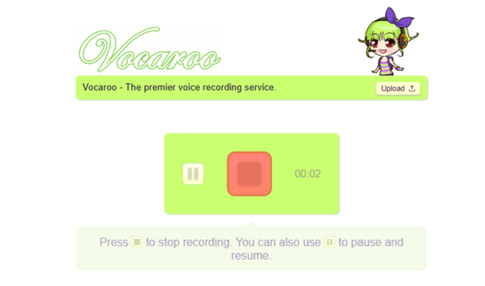 Interface of Vocaroo - a free online audio recorder