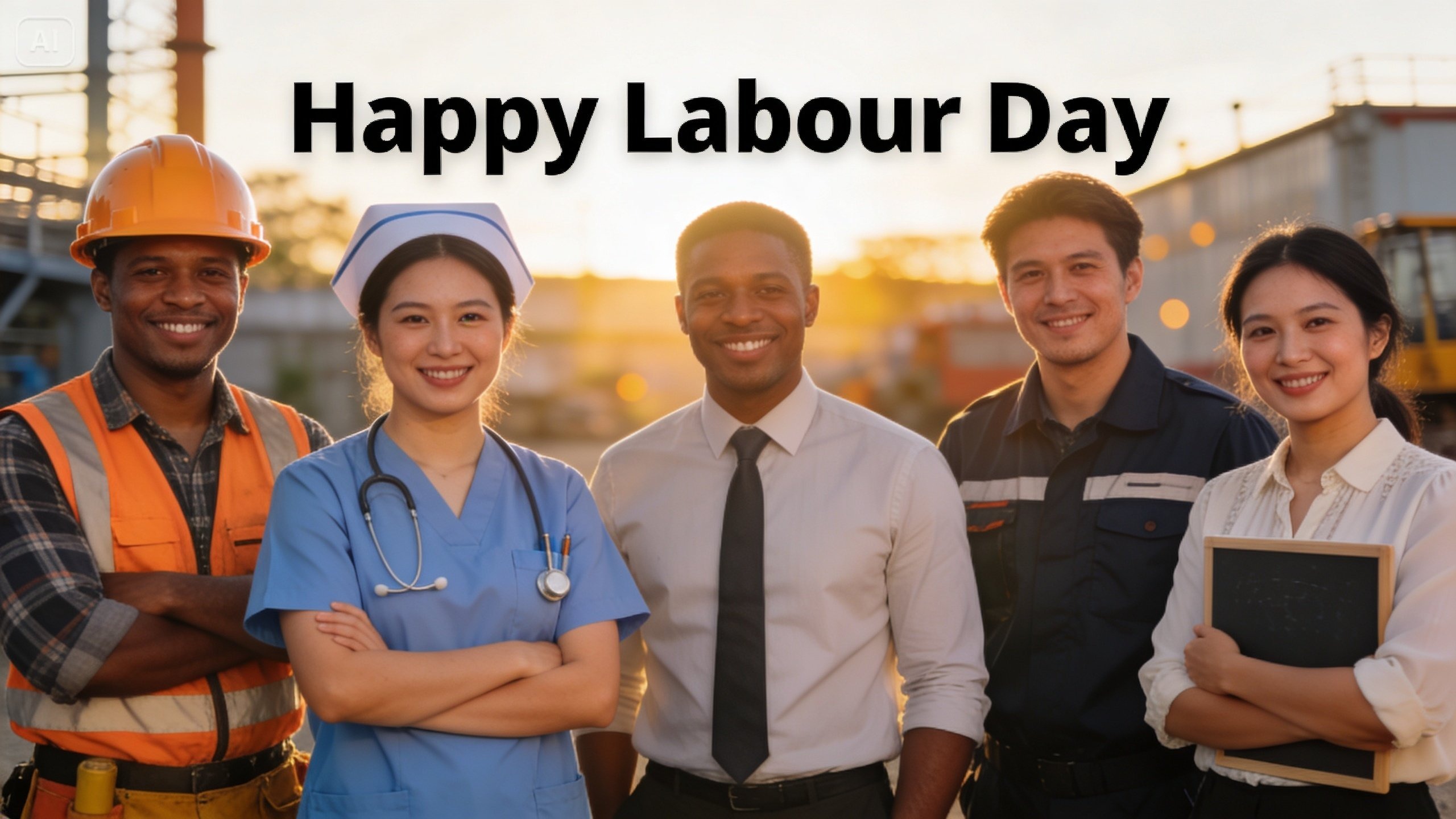 Set de marcă consistent aplicat reclamelor foto AI de Ziua Muncii cu siglă și aliniere a culorilor