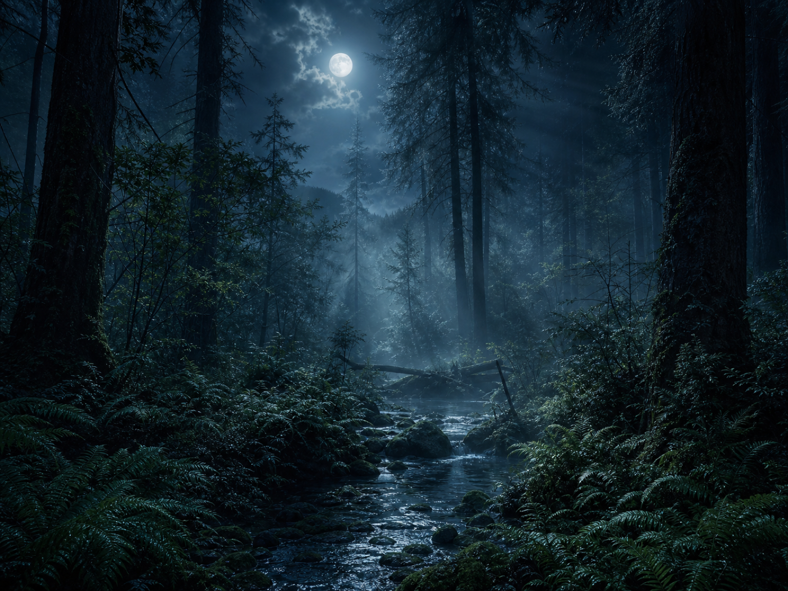 Foggy midnight forest