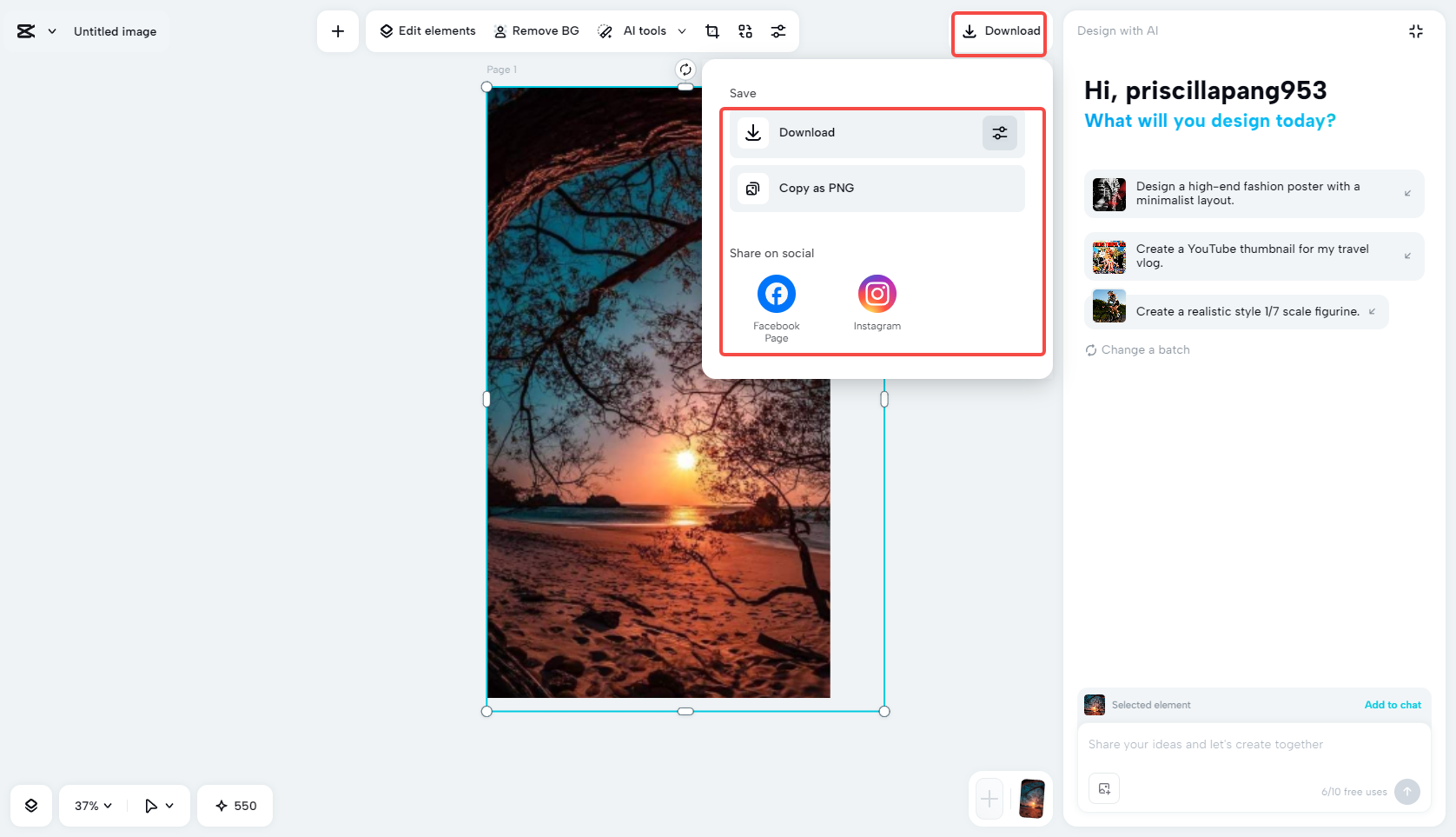 Export the photo to Instagram