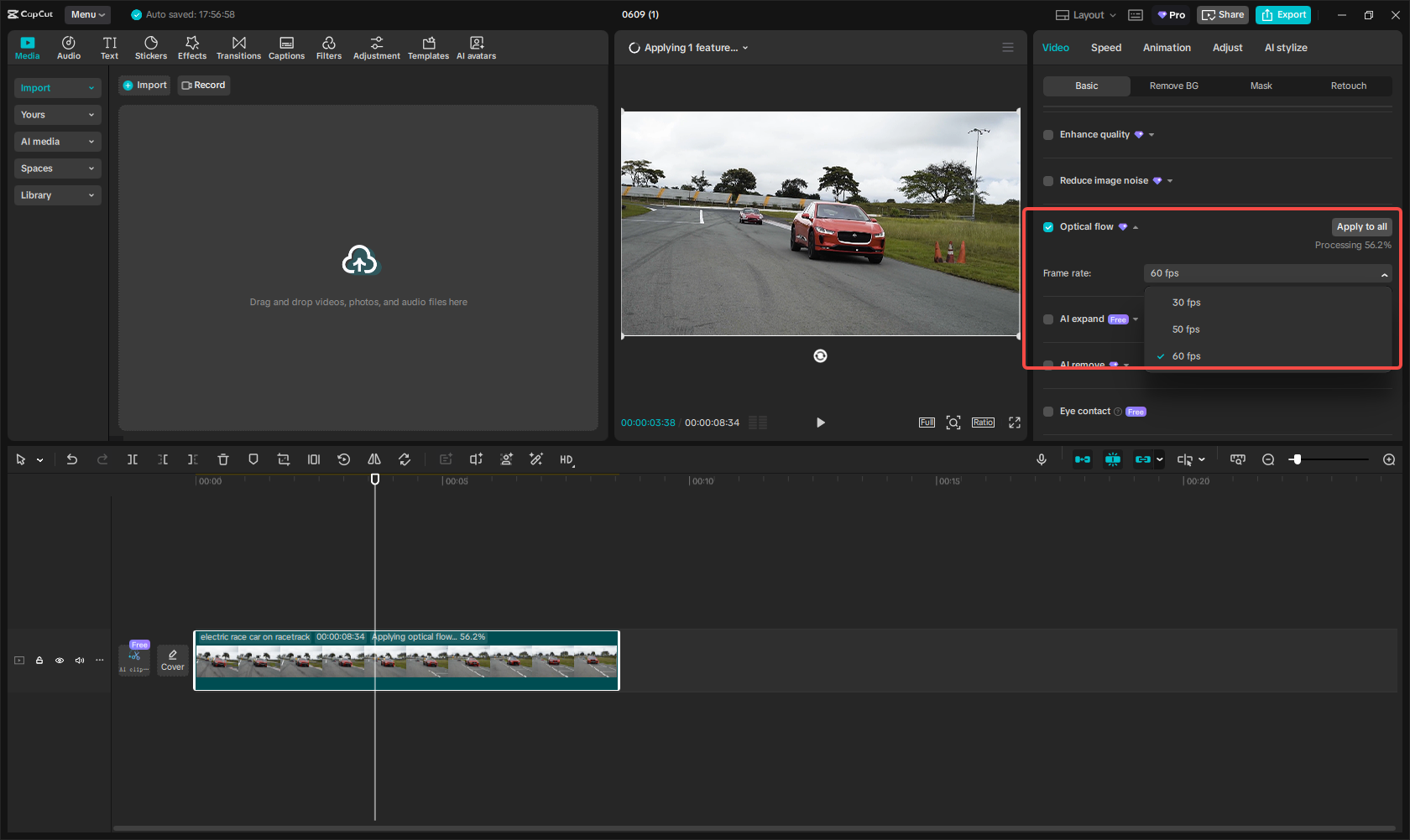 Enable optical flow and choose frame rate