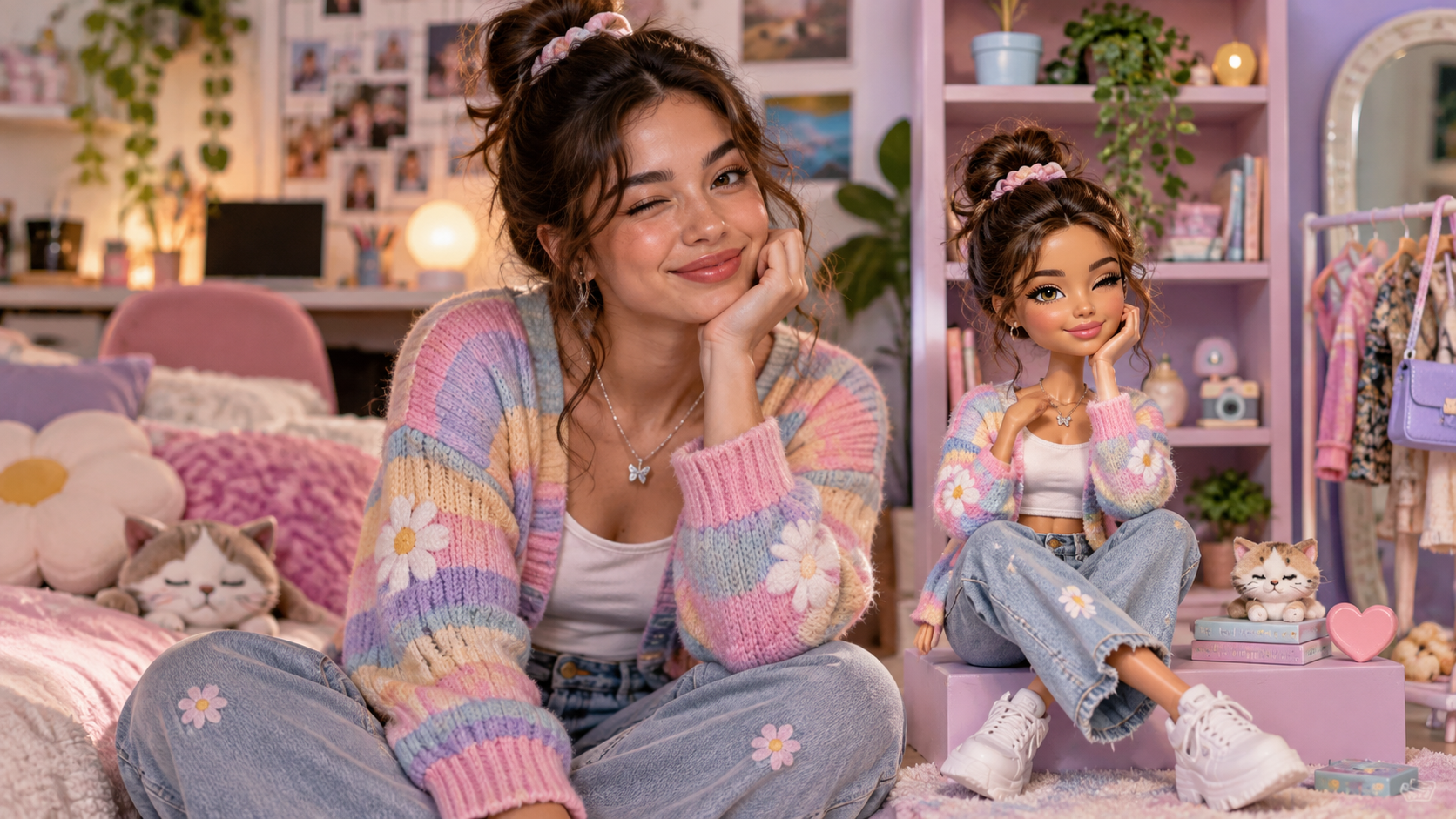 A creator beside a generic nostalgic fashion doll with a matching outfit
