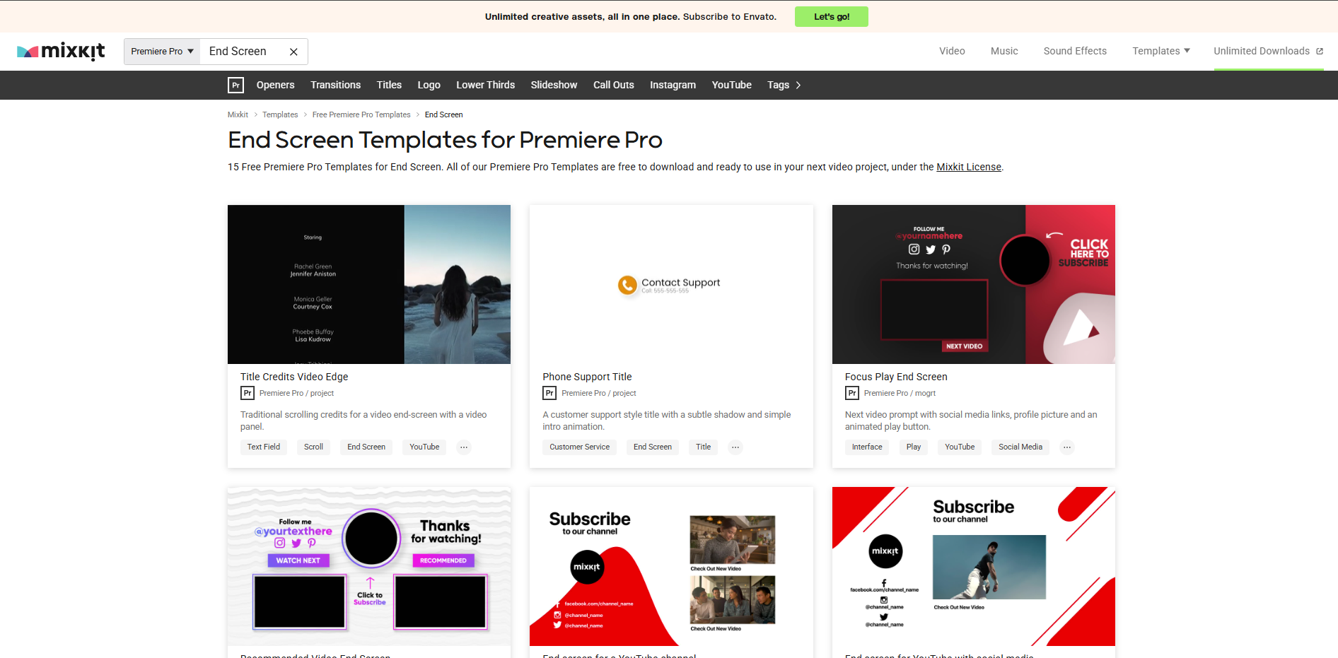 Interface of Mixkit - a good resource for YouTube end screen templates