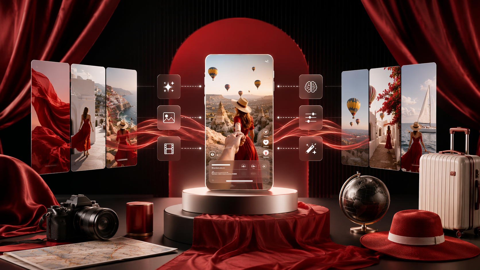 AI Travel Reels premium AI social video workflow visual for Pippit creators
