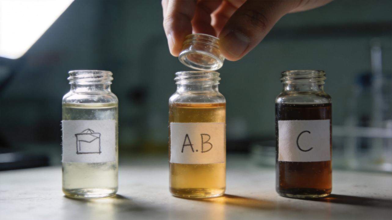 Hand opens a small glass vial above three labeled bottles