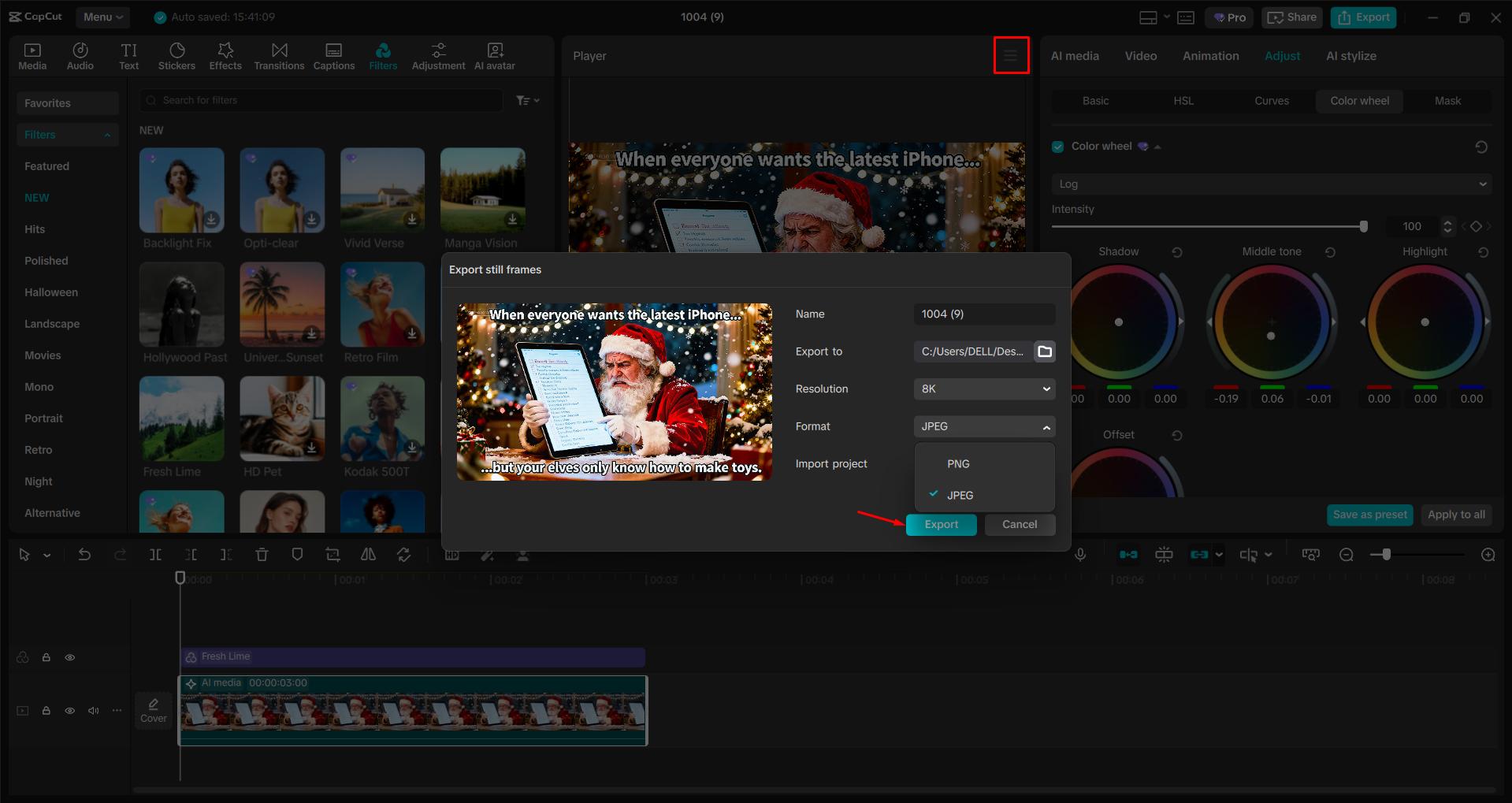 Exporting the image from the CapCut desktop video editor