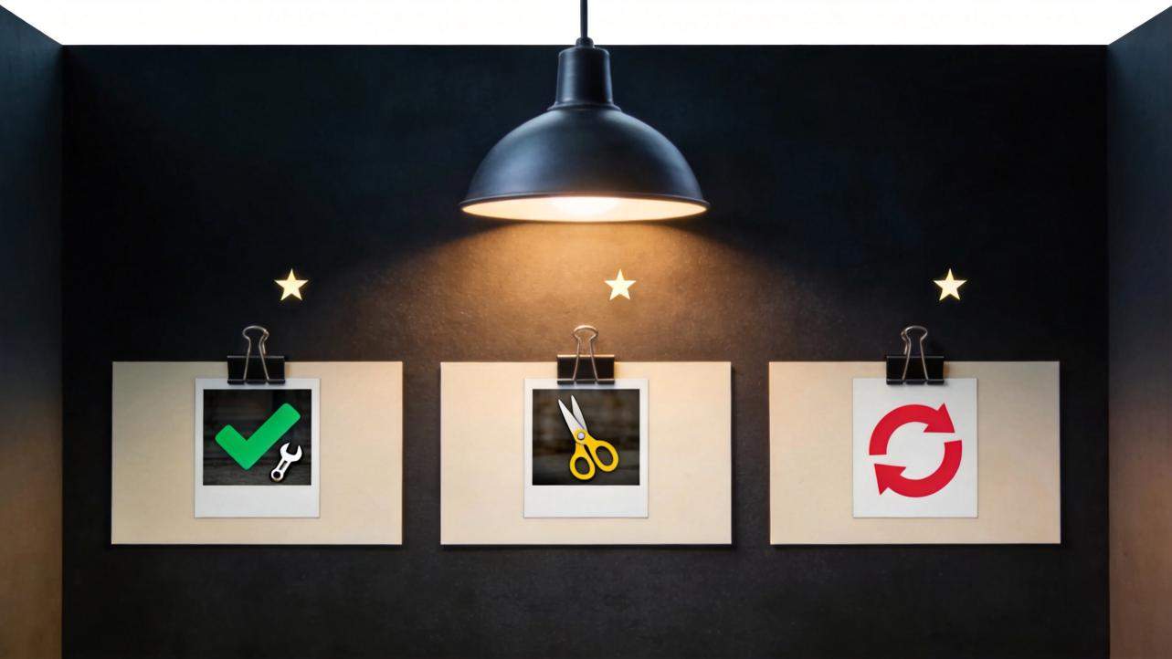 Three clipped cards under a hanging lamp, showing a checkmark, scissors, and refresh icons