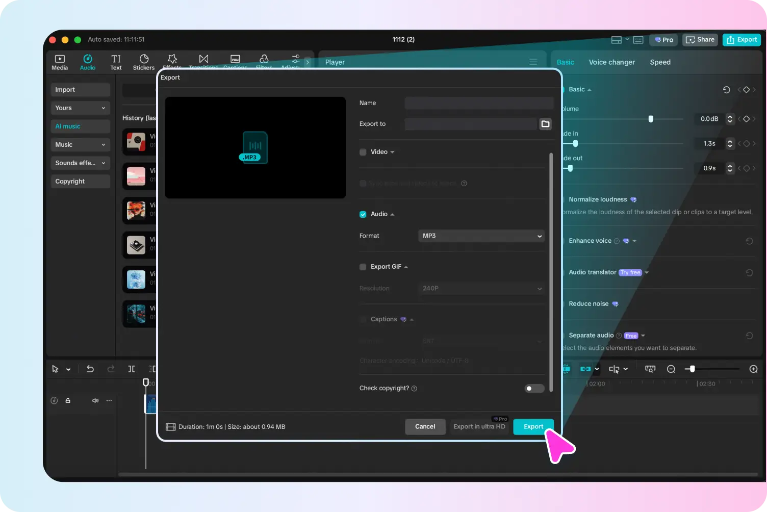 Export the music file