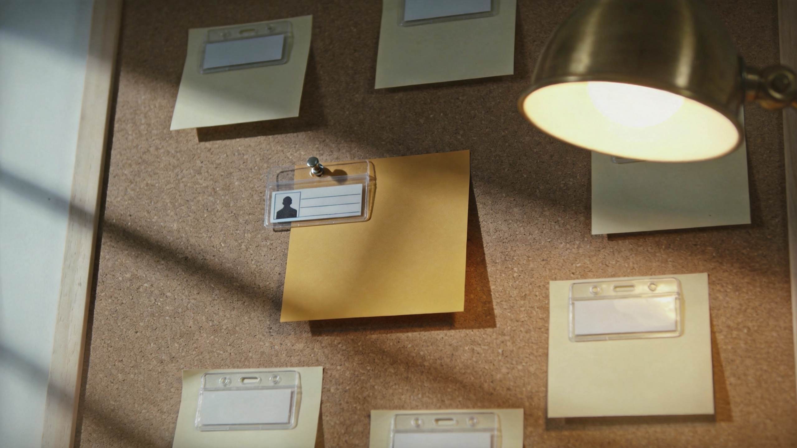 Corkboard with blank sticky notes and clipped task cards under a desk lamp