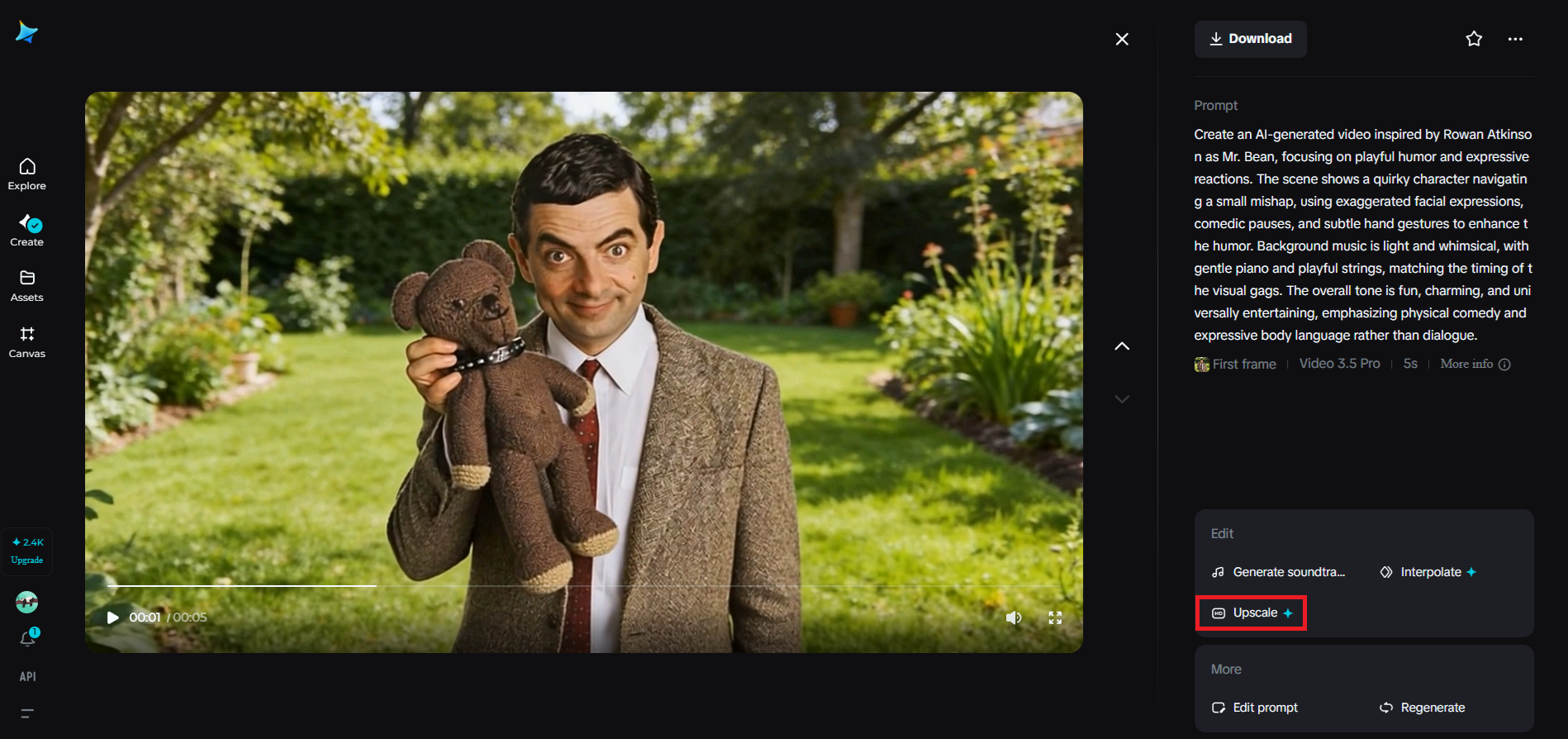 Recurso de upscale em Dreamina