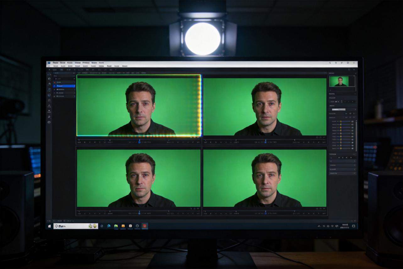 Video editor display showing four views of a man on a green screen